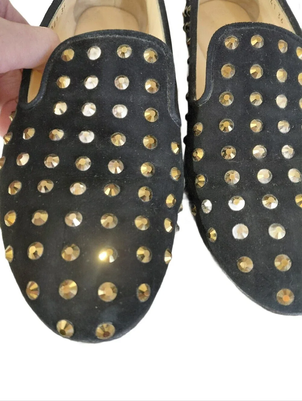 Giuseppe Zanotti Black Suede Gold Crystal Studded Slip-On Loafers Size 6